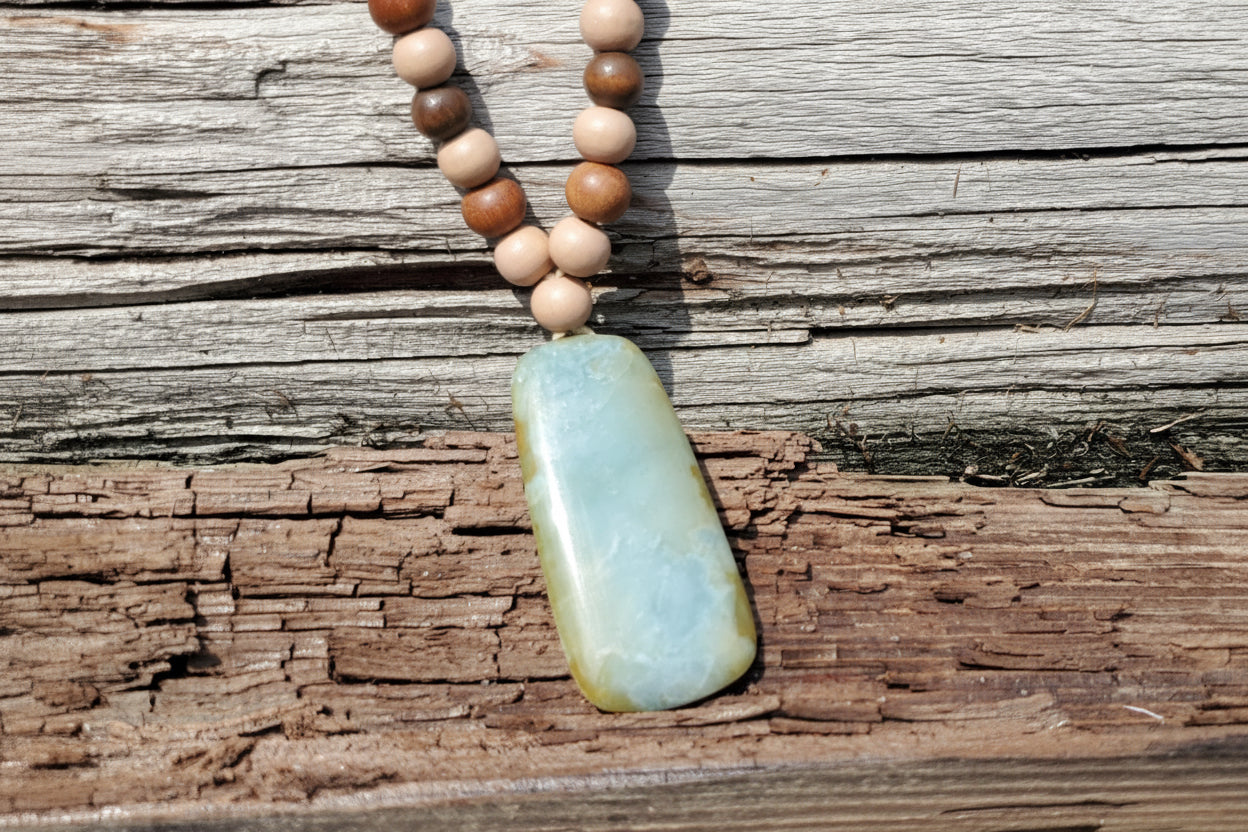 Two-Tone Champagne Jadeite Pendant - Toki Inspired with Wood Accents
