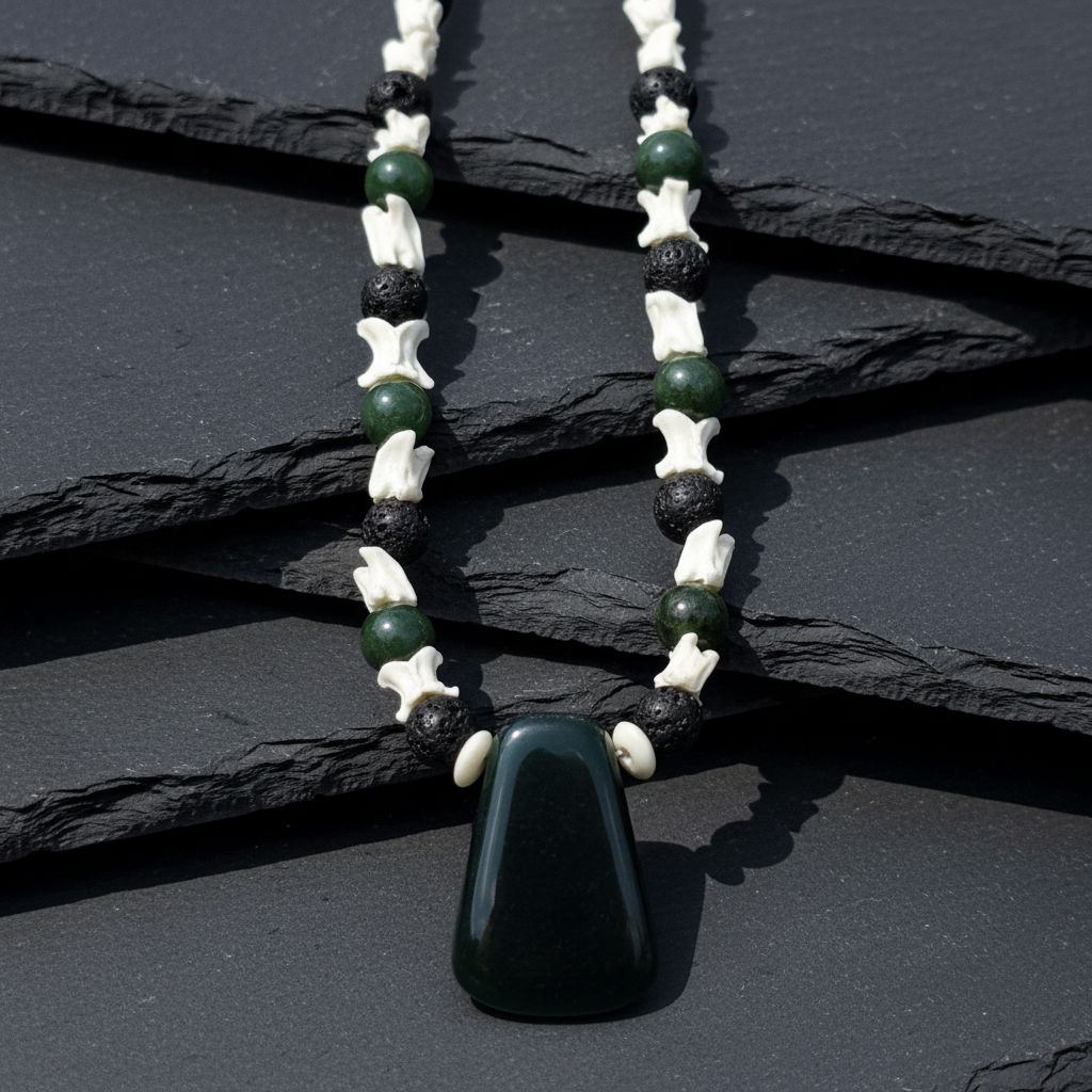 Blue Jadeite Mayan Hatchet Pendant with Snake Vertebrae and Jade Beads