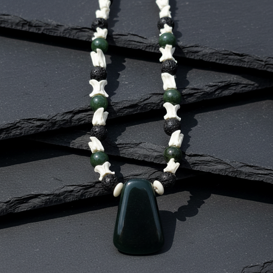 Blue Jadeite Mayan Hatchet Pendant with Snake Vertebrae and Jade Beads