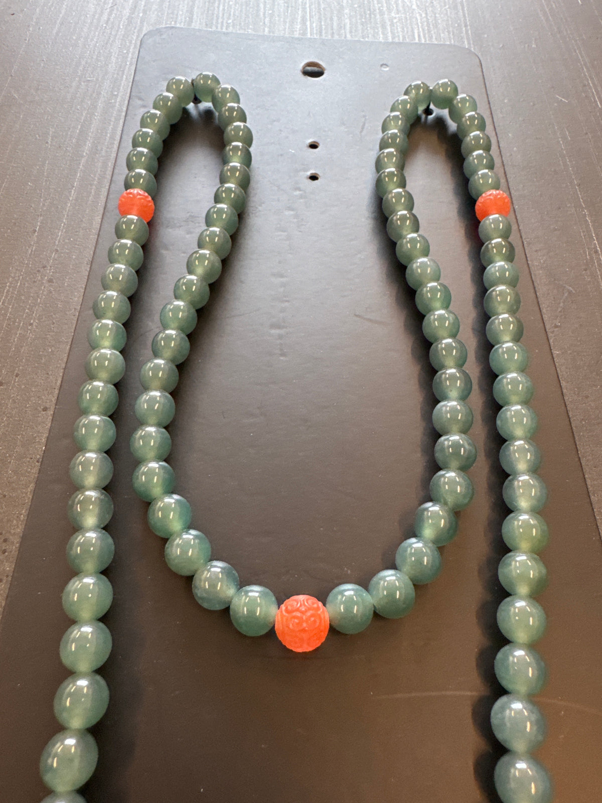 Mala Necklace — Blue Green Ice Jadeite Jade & Carved Nanhong Agate