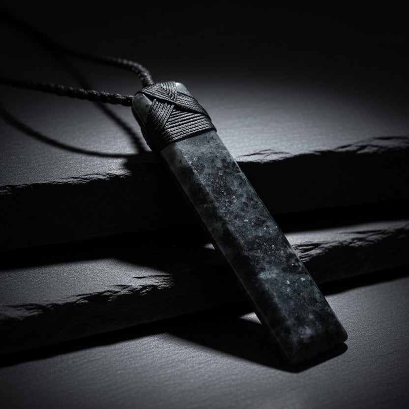 A black cord pendant necklace made from a polished dark gray stone, resting on a textured concrete surface outdoors with natural light and shadows.