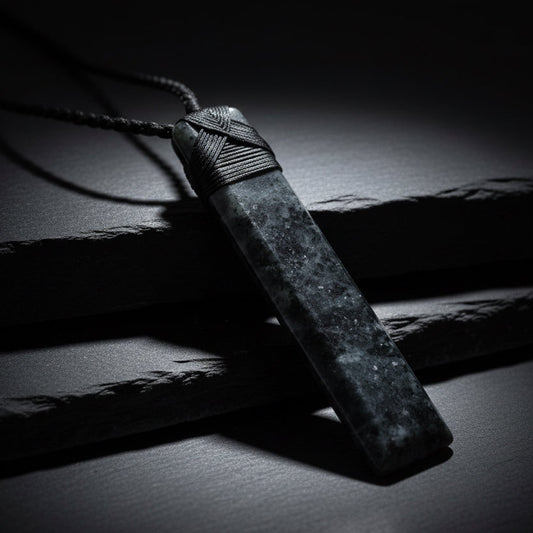 A black cord pendant necklace made from a polished dark gray stone, resting on a textured concrete surface outdoors with natural light and shadows.