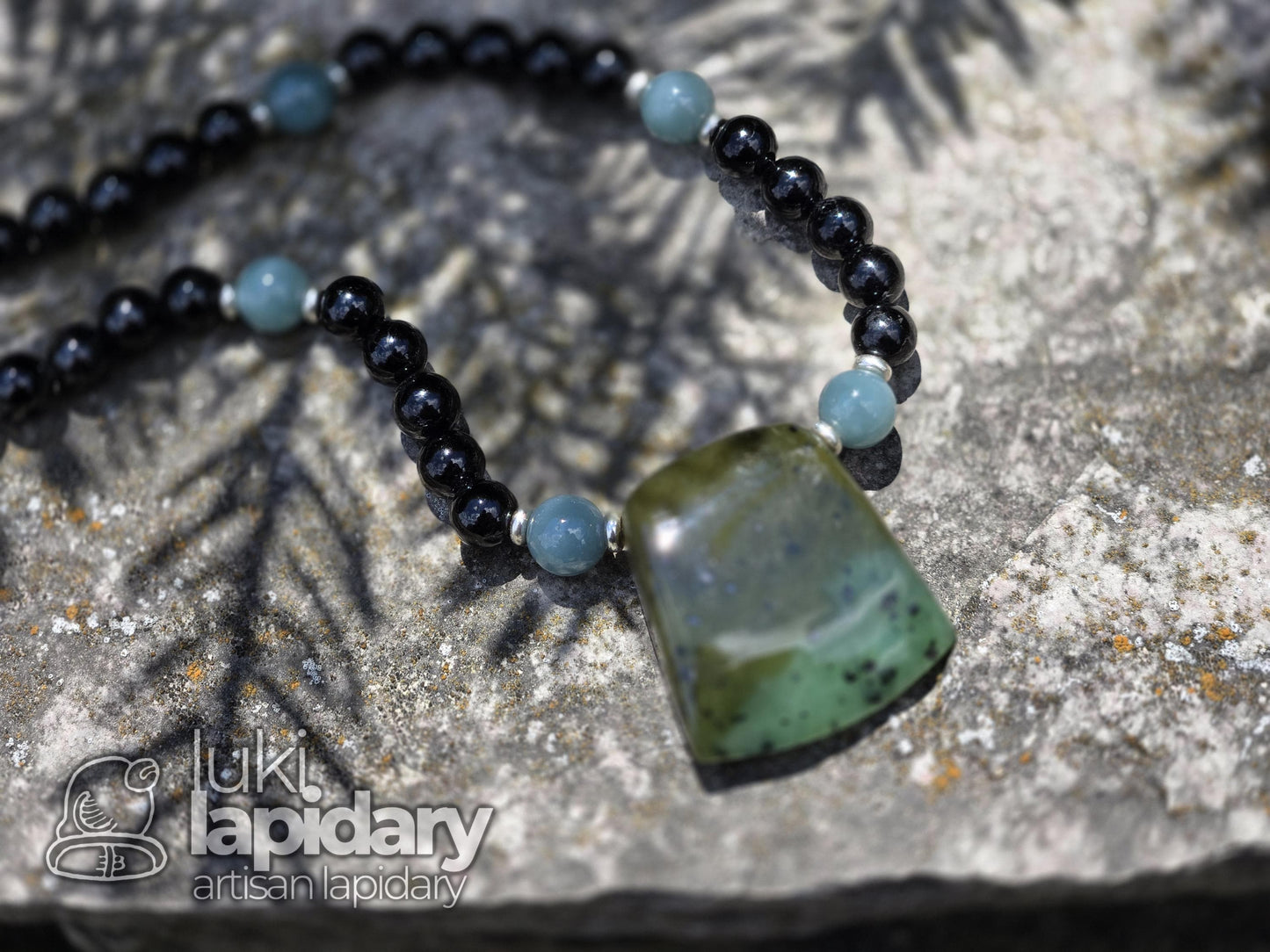 Siberian Nephrite Hatchet Pendant — Two-Tone with Hematite & Fully Beaded Necklace
