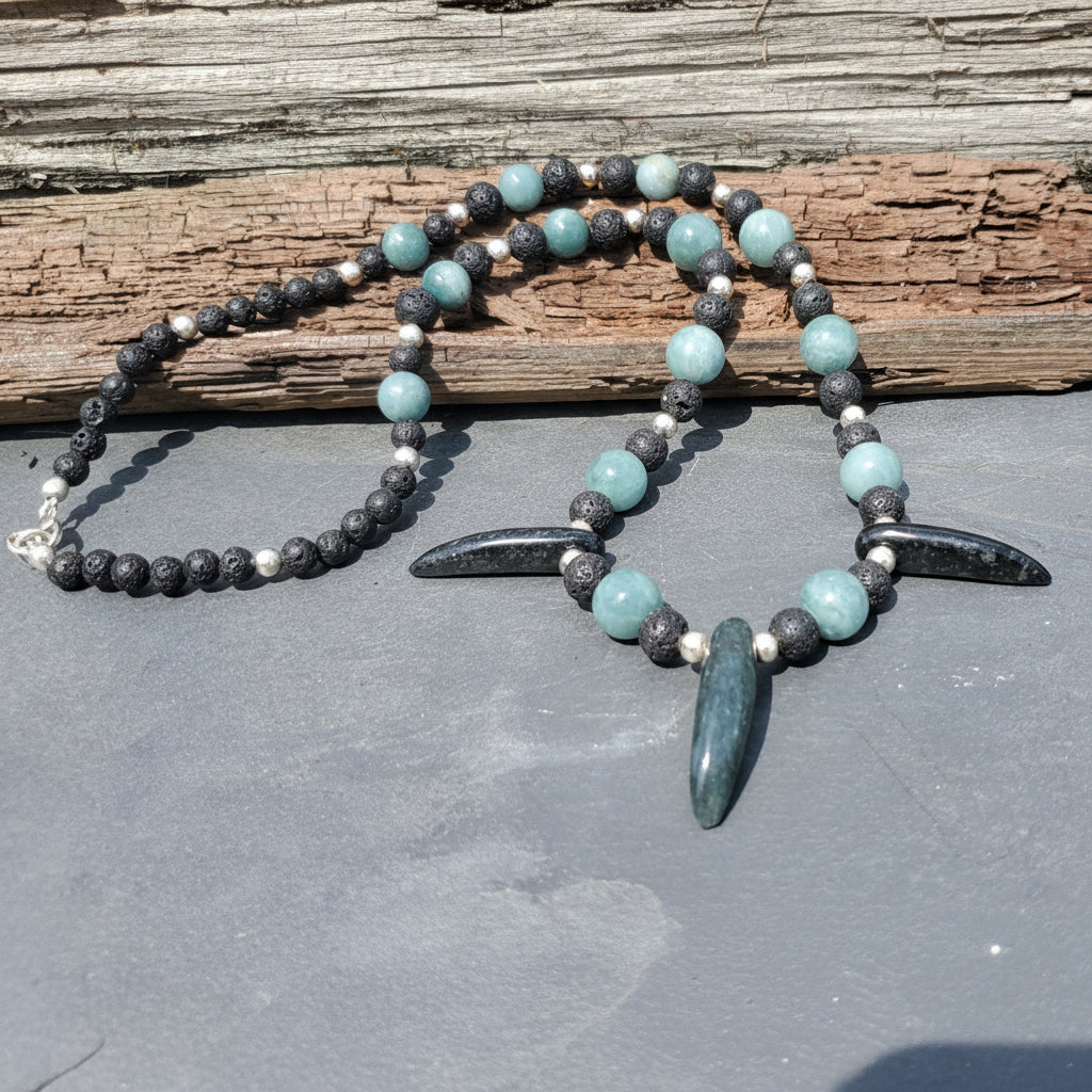 Mayan Jaguar Tooth Necklace - Princessa and Jaguar Jadeite with .925 Sterling Silver