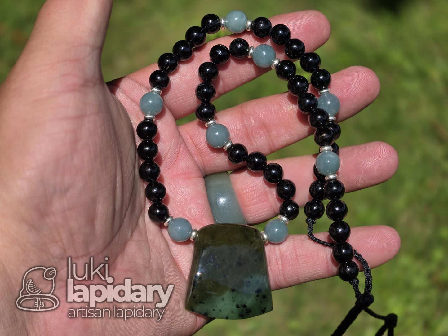Siberian Nephrite Hatchet Pendant — Two-Tone with Hematite & Fully Beaded Necklace