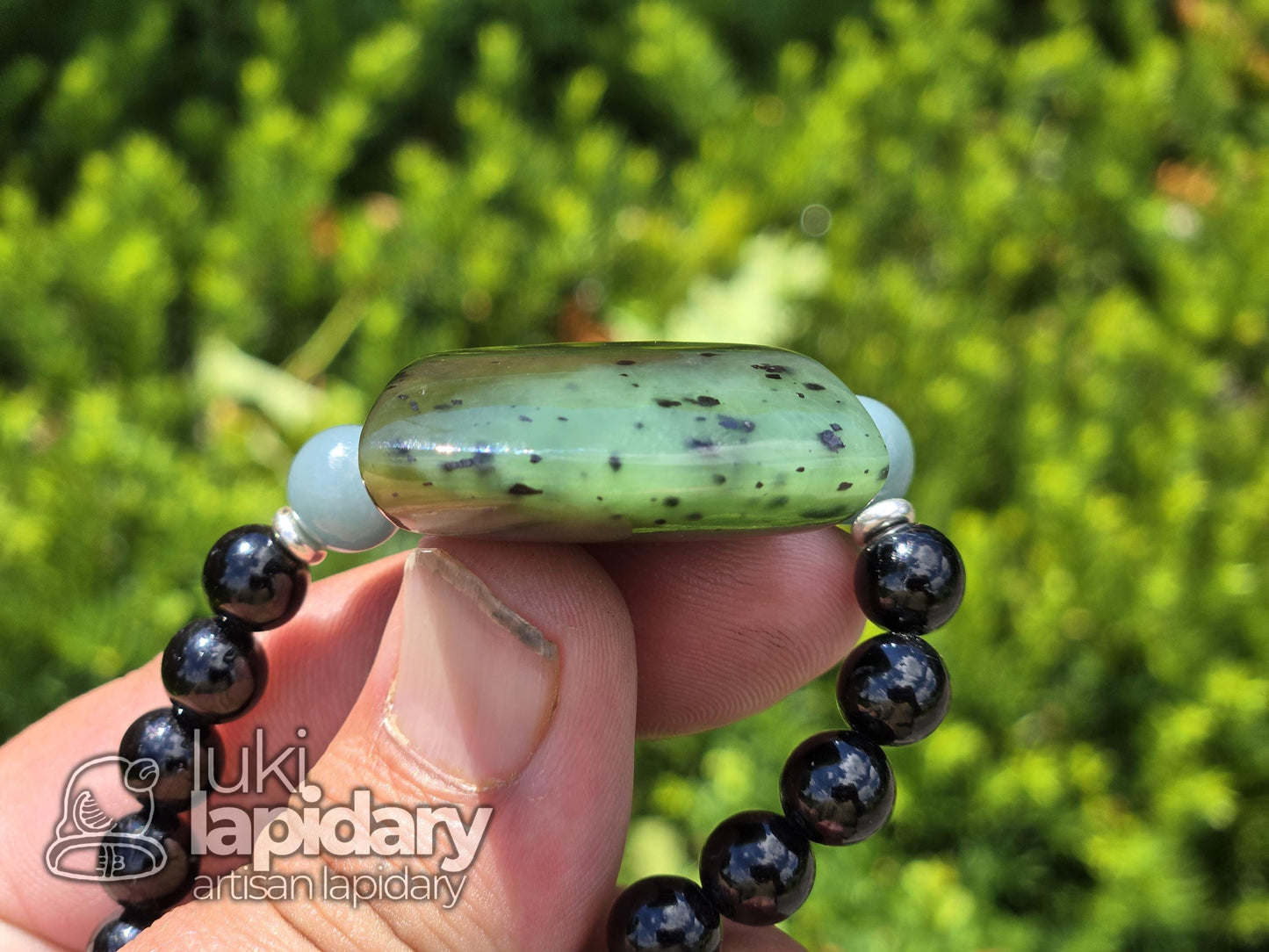 Siberian Nephrite Hatchet Pendant — Two-Tone with Hematite & Fully Beaded Necklace