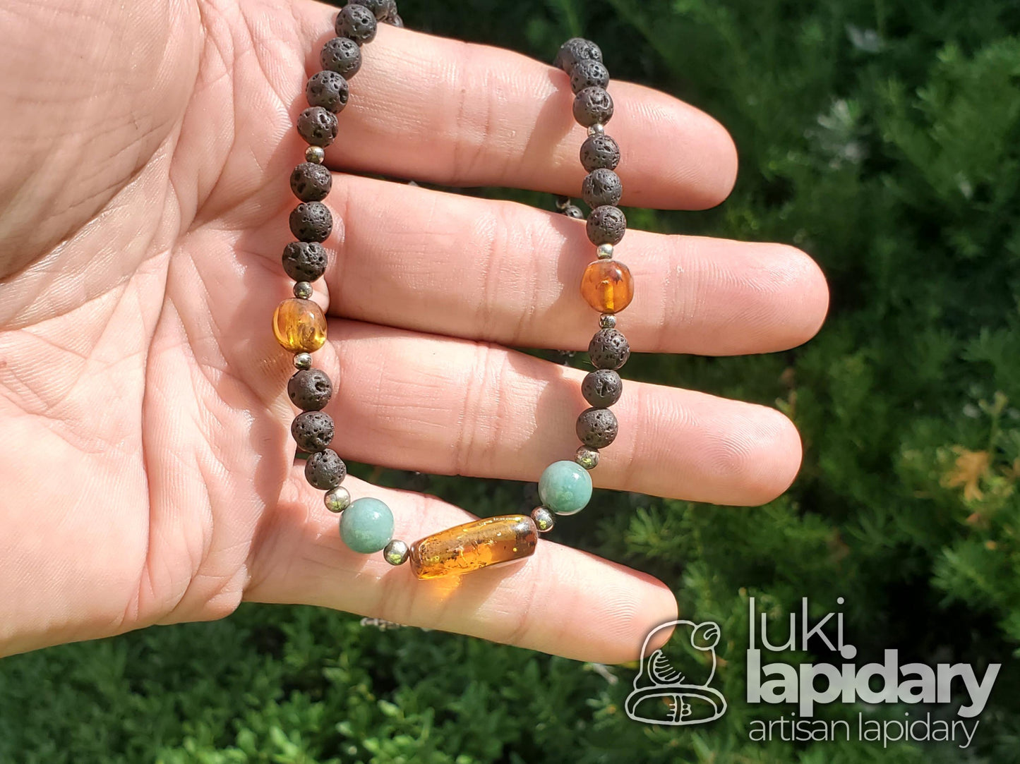 Baltic Amber, Mint Jadeite & Lava Rock Fully Beaded Pendant — Ancient Earth Necklace
