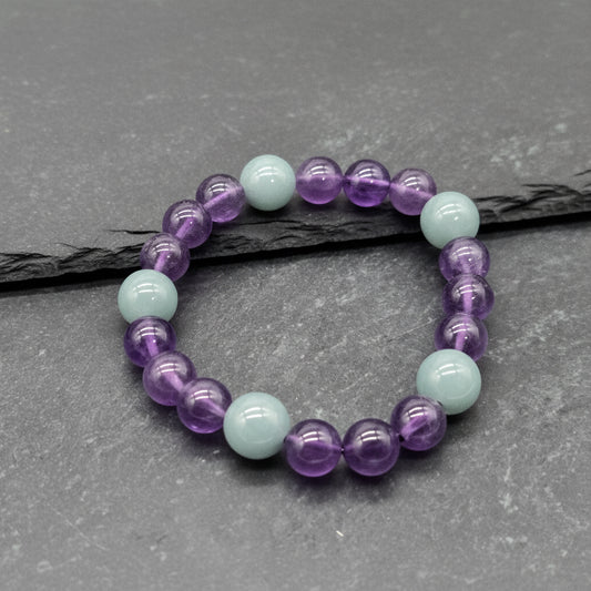Guatemalan Jadeite & AAA Amethyst Bracelet — 10mm Cylinder Beads, 6.5"