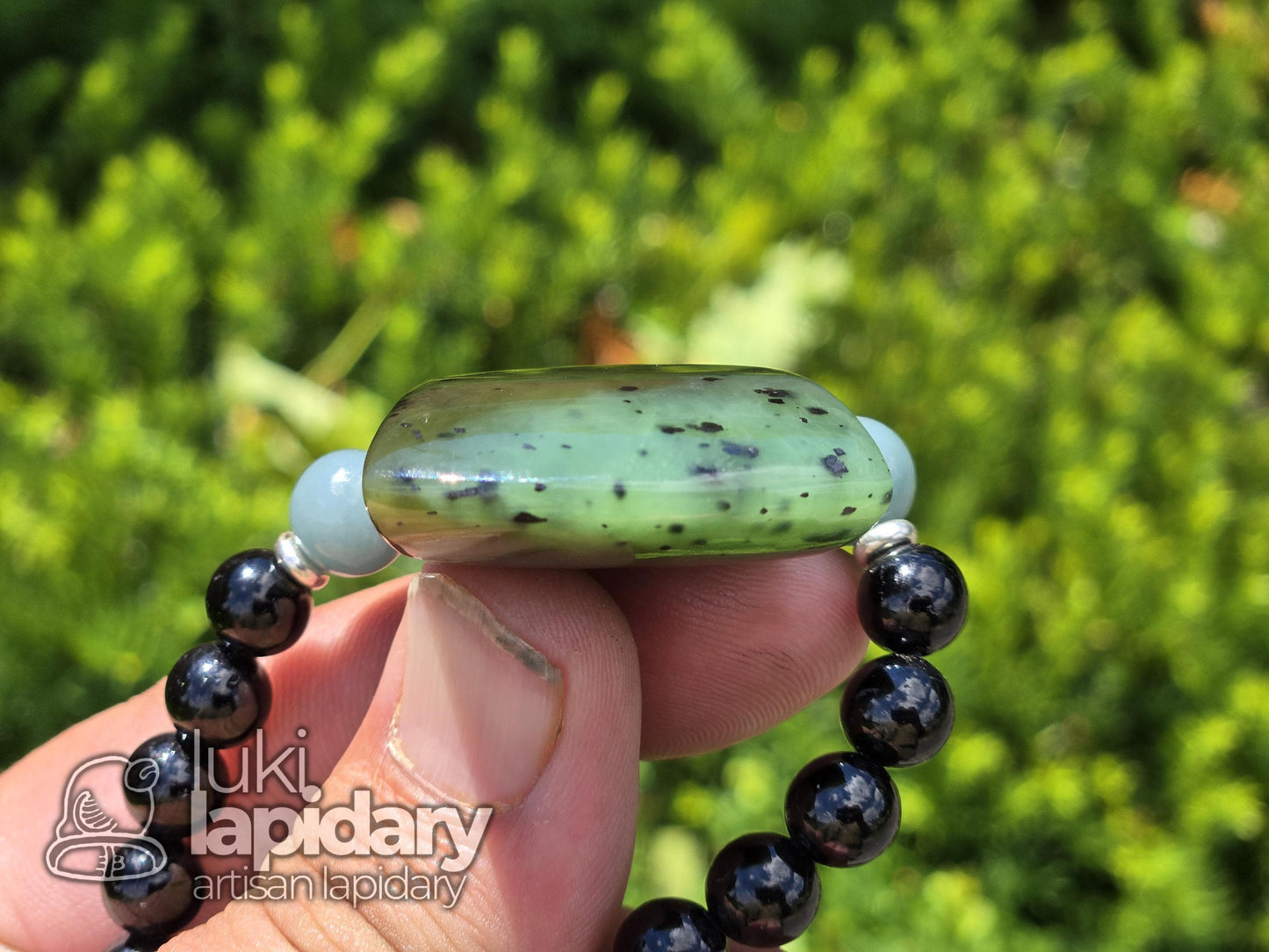 Siberian Nephrite Hatchet Pendant — Two-Tone with Hematite & Fully Beaded Necklace