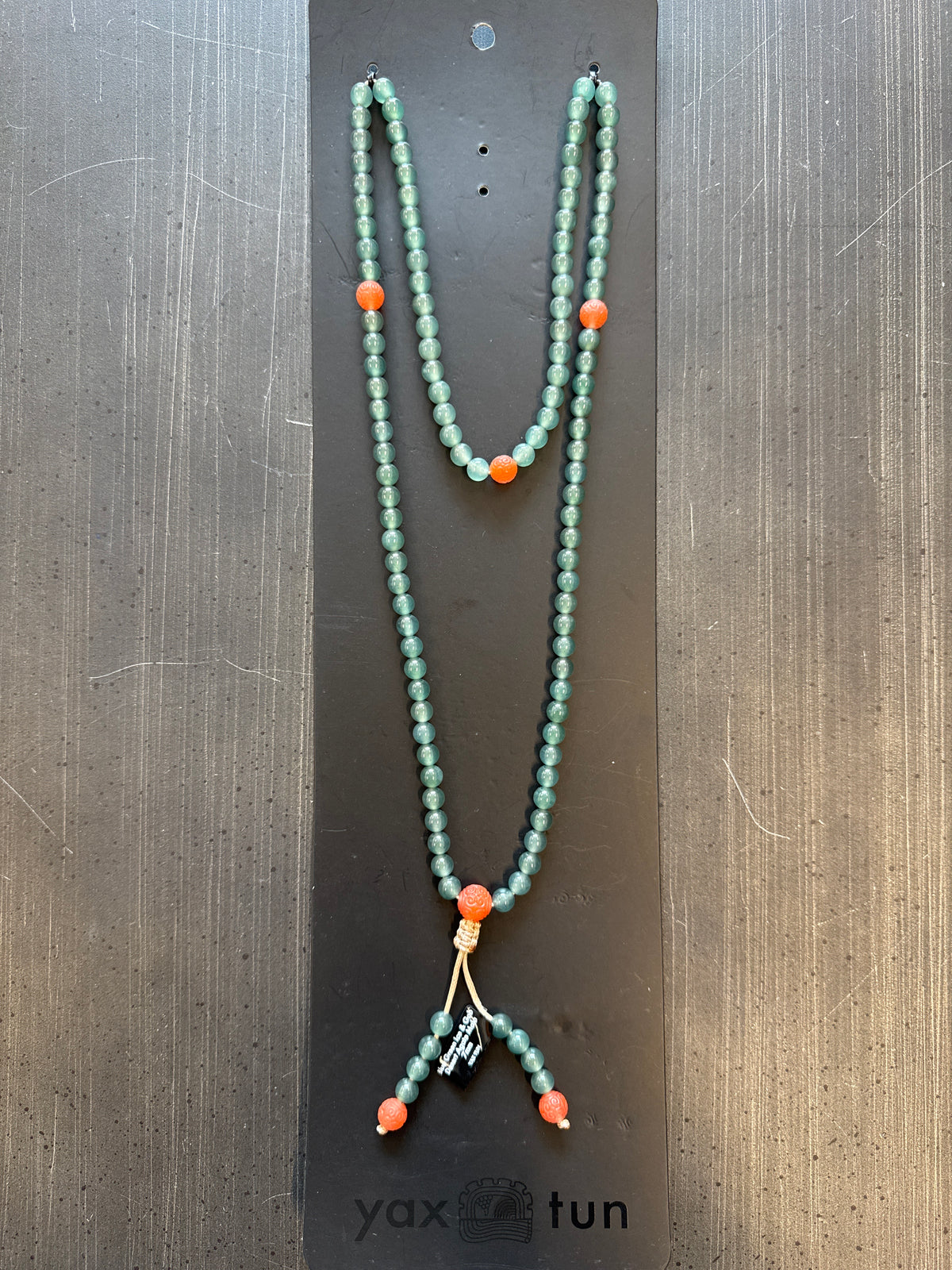 Mala Necklace — Blue Green Ice Guatemalan Jadeite Jade & Carved Nanhong Agate