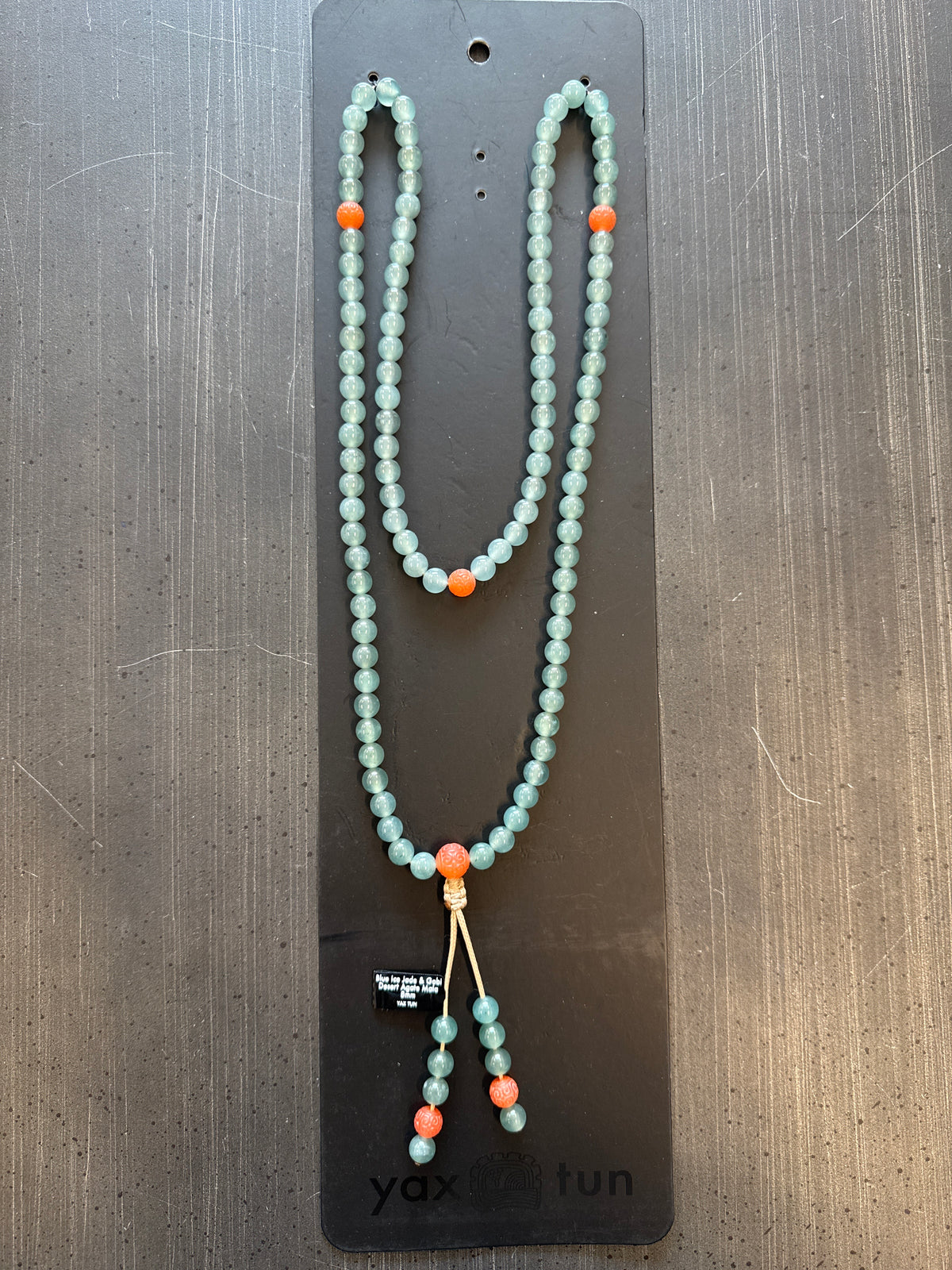 Mala Necklace — Blue Ice Jadeite Jade & Carved Nanhong Agate