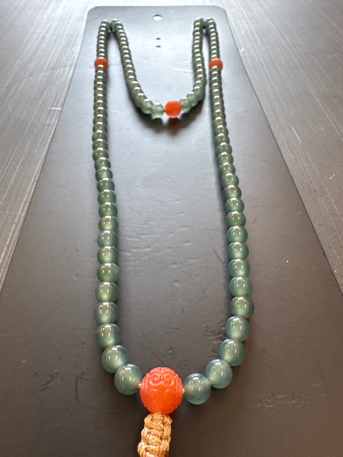 Mala Necklace — Blue Green Ice Guatemalan Jadeite Jade & Carved Nanhong Agate