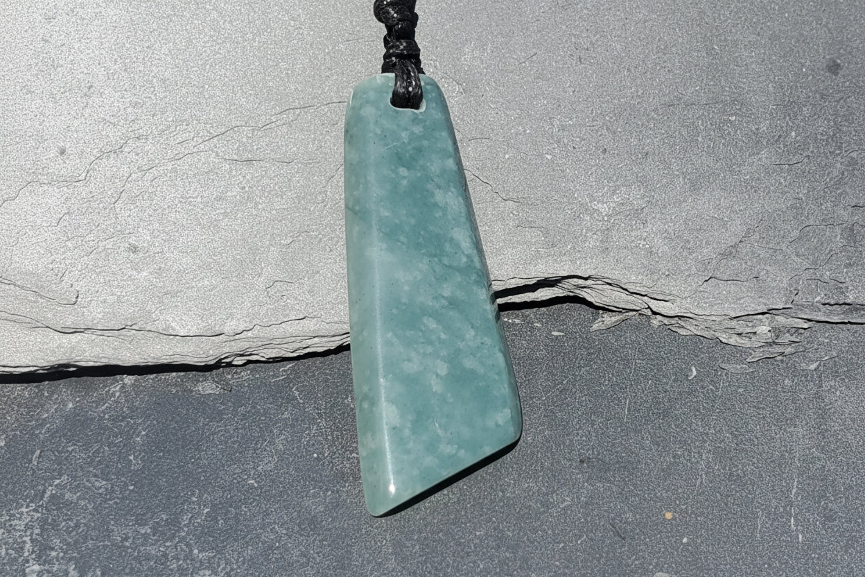 A polished green blue jade pendant with a black cord, photographed against a gray stone surface. 