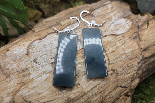 A pair of rectangular dark gray stone pendants with white inclusions, attached to silver fishhook ear wires, displayed on a piece of weathered wood outdoors.