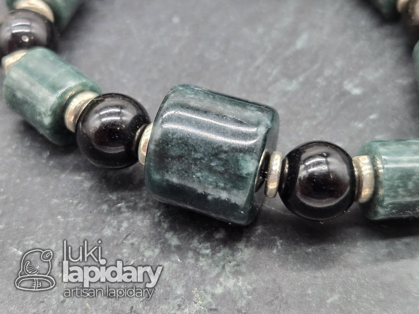 Guatemalan Jadeite Cylinder & Gold Sheen Obsidian Bracelet — .925 Silver Spacers, 7.5"