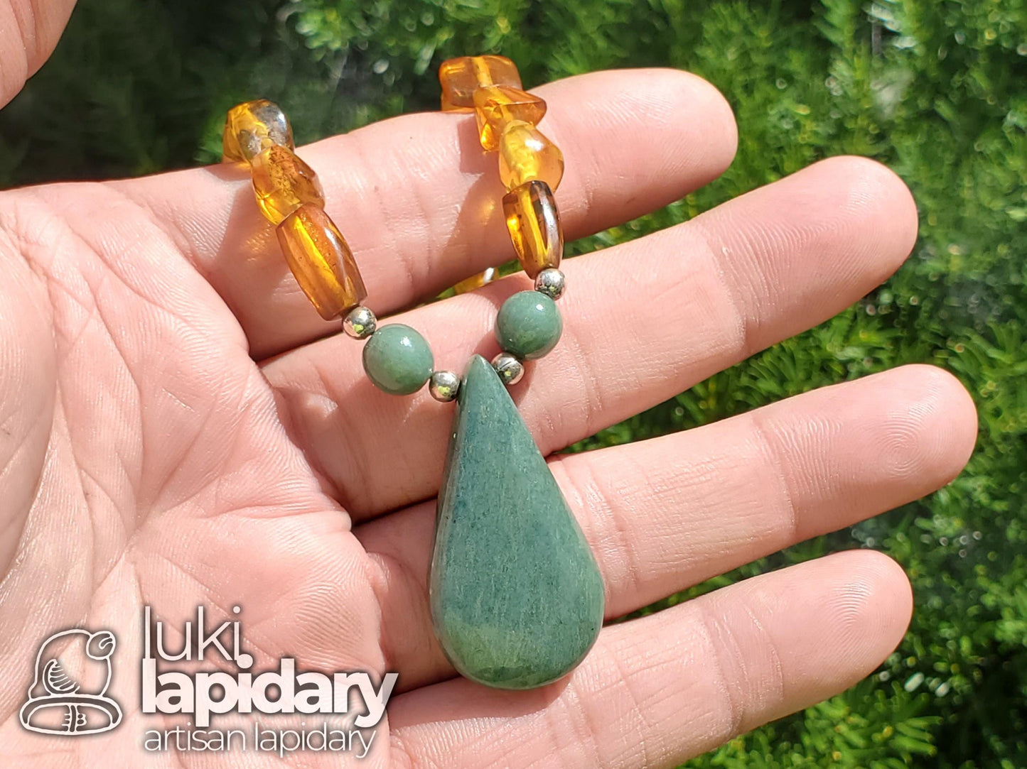 Baltic Amber & Guatemalan Jadeite Fully Beaded Pendant — Ancient Resin Meets Sacred Stone