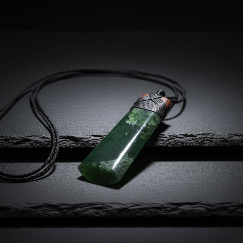 A polished dark green jade pendant necklace with a black braided cord, resting on a textured stone surface outdoors.