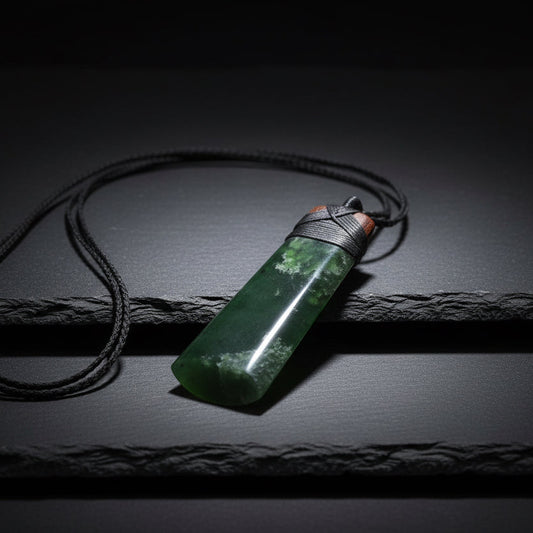 A polished dark green jade pendant necklace with a black braided cord, resting on a textured stone surface outdoors.