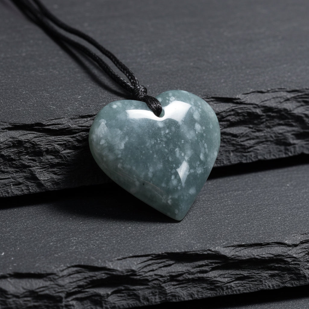 A heart-shaped polished stone pendant on a black cord, resting on a textured concrete surface outdoors. The pendant is a translucent pale blue-gray with white marbling.