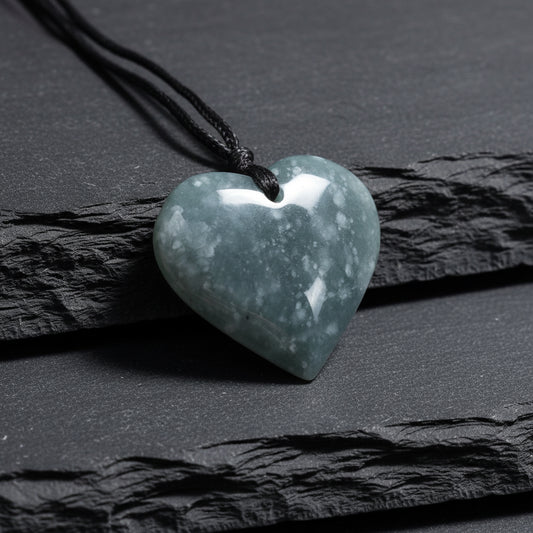 A heart-shaped polished stone pendant on a black cord, resting on a textured concrete surface outdoors. The pendant is a translucent pale blue-gray with white marbling.