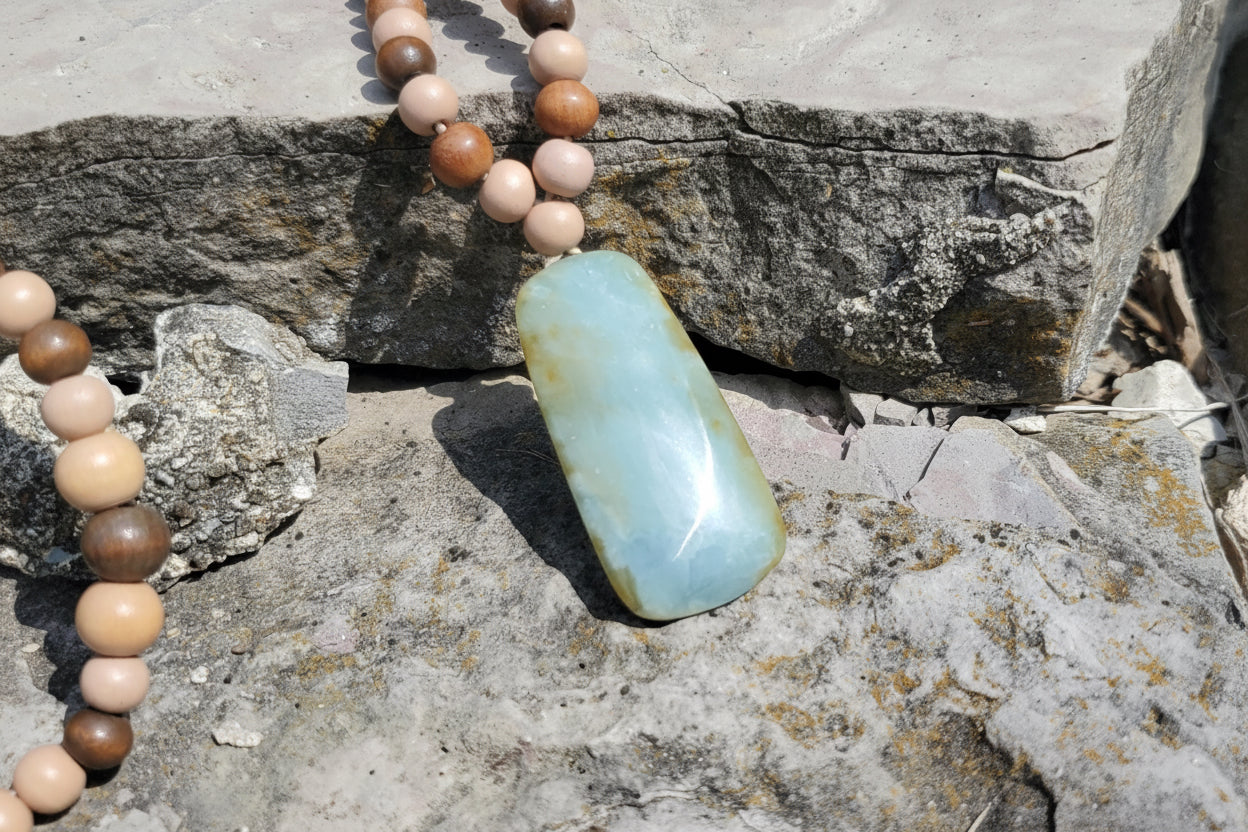 Two-Tone Champagne Jadeite Pendant - Toki Inspired with Wood Accents