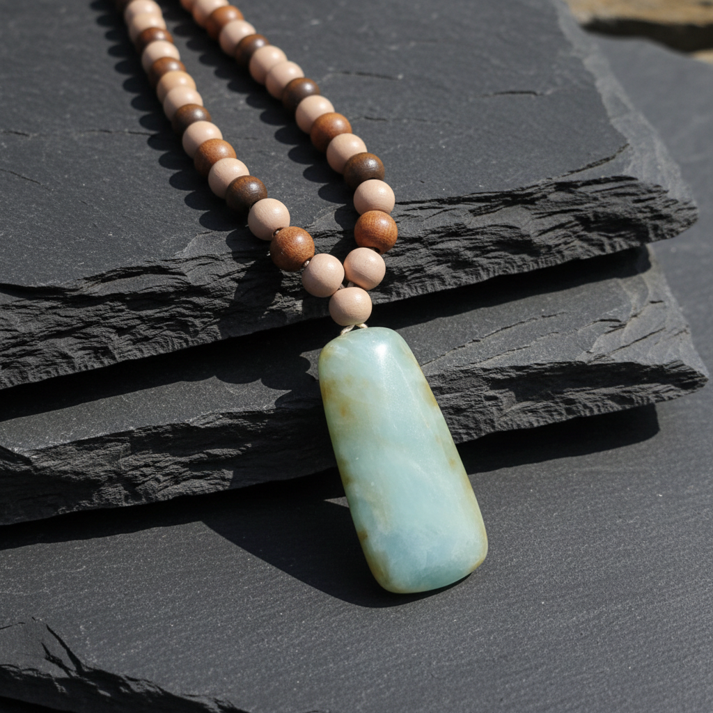 Two-Tone Champagne Jadeite Pendant - Toki Inspired with Wood Accents