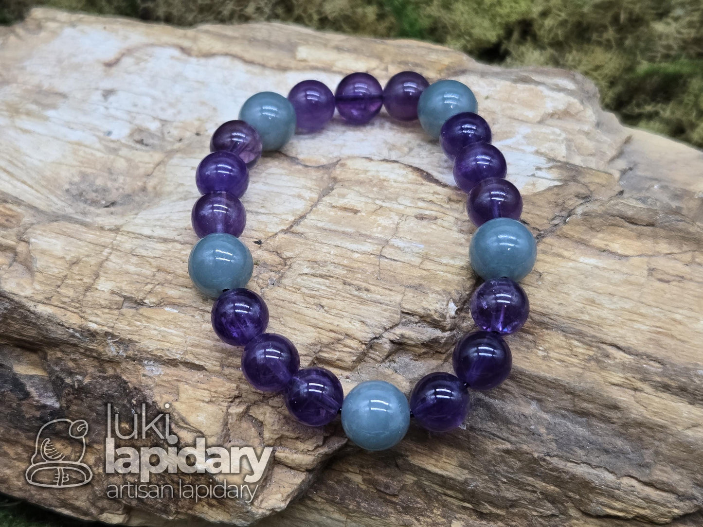 Guatemalan Jadeite & AAA Amethyst Bracelet — 10mm Cylinder Beads, 6.5"