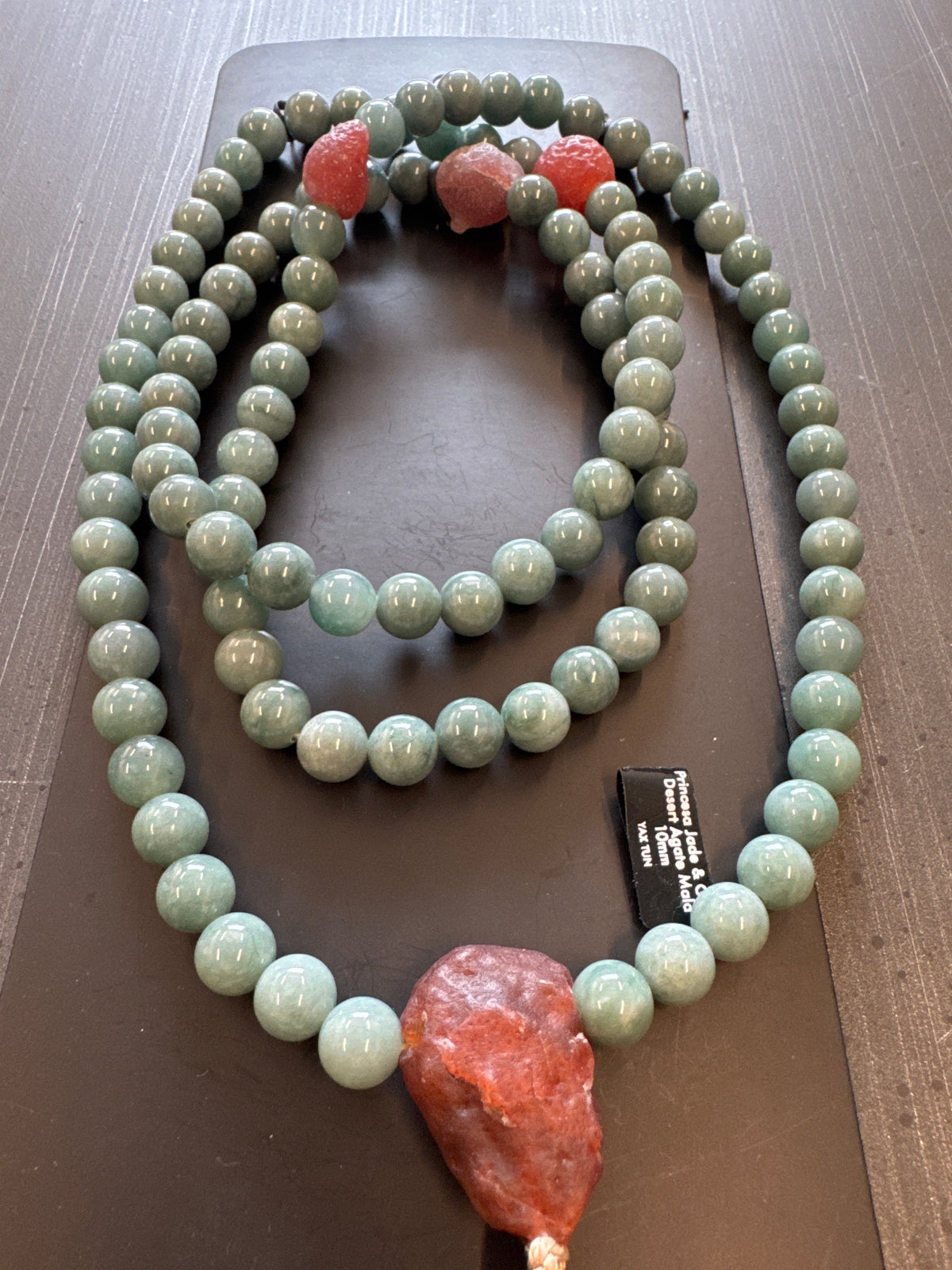 Mala Necklace — Princesa Jadeite Jade & Sunset Orange Gobi Agate, 10mm