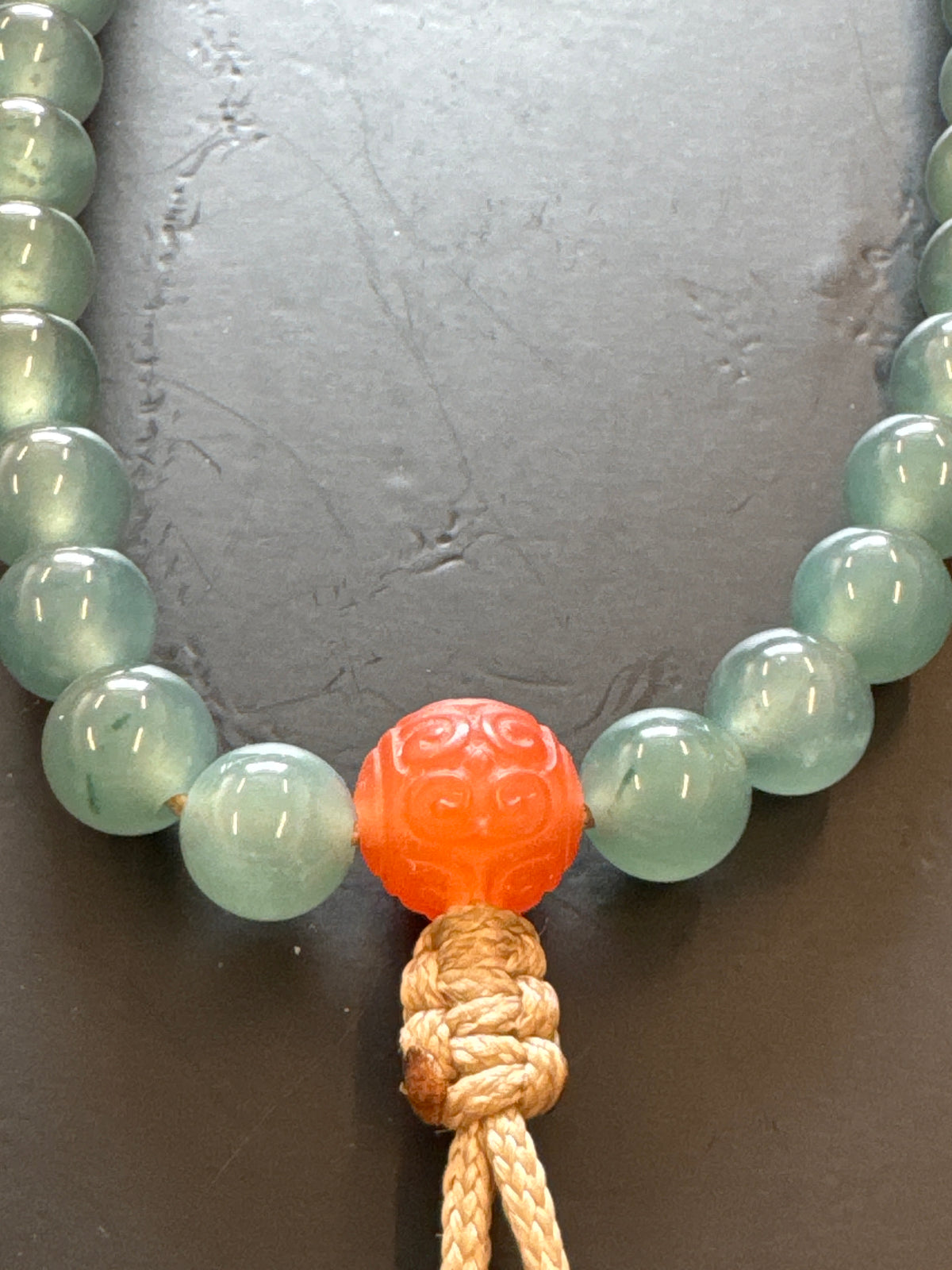 Mala Necklace — Blue Ice Jadeite Jade & Carved Nanhong Agate
