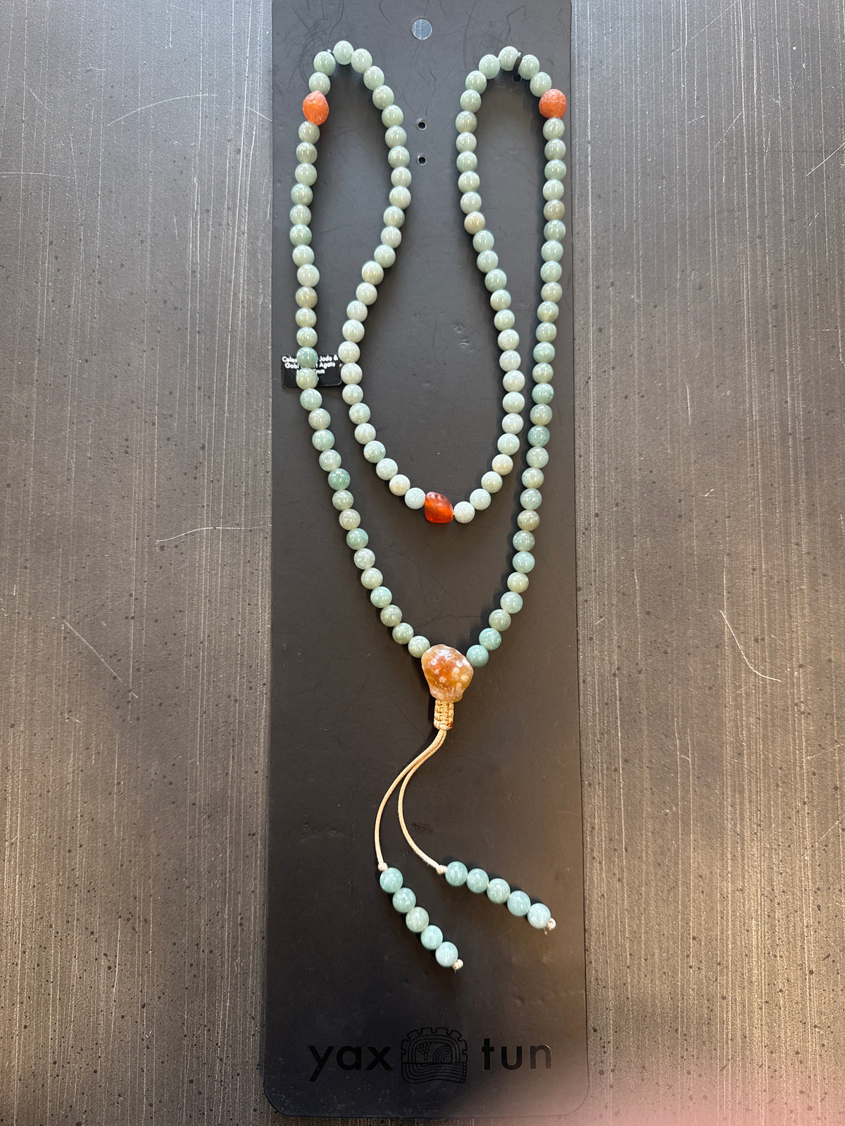Mala Necklace — Celestial Blue Jadeite Jade & Sunset Orange Gobi Agate, 7mm