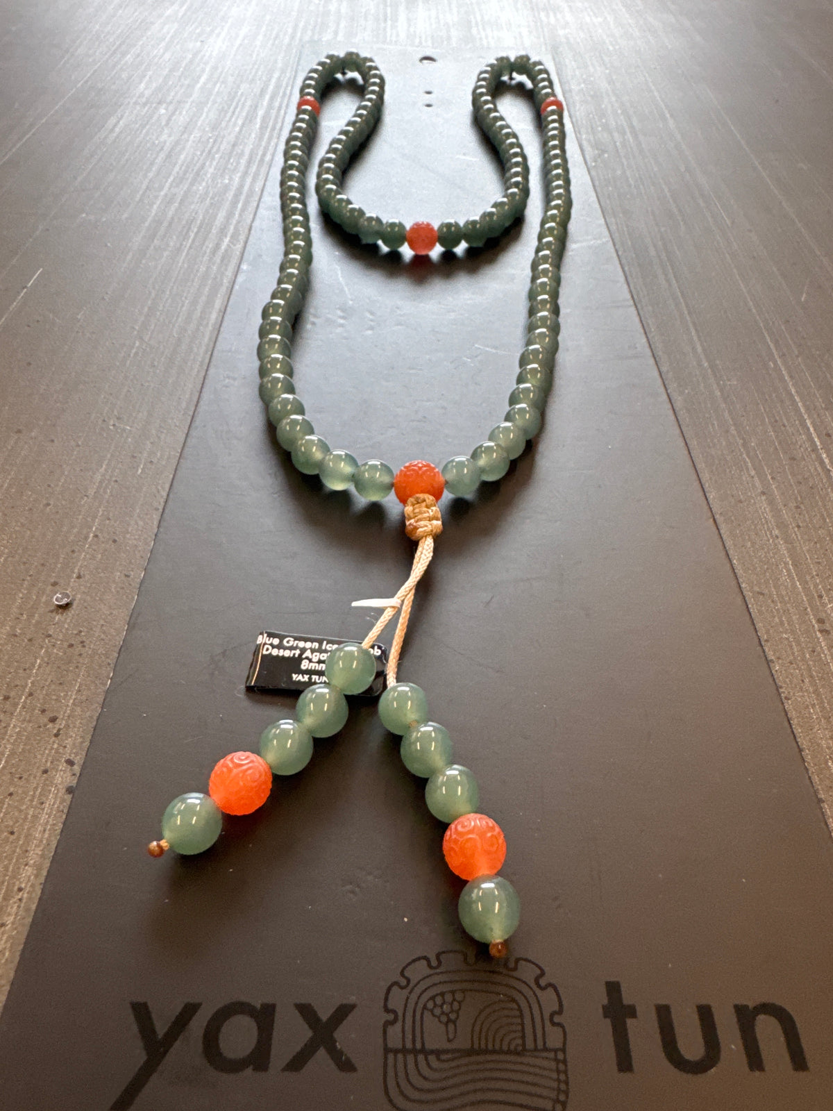 Mala Necklace — Blue Green Ice Jadeite Jade & Carved Nanhong Agate