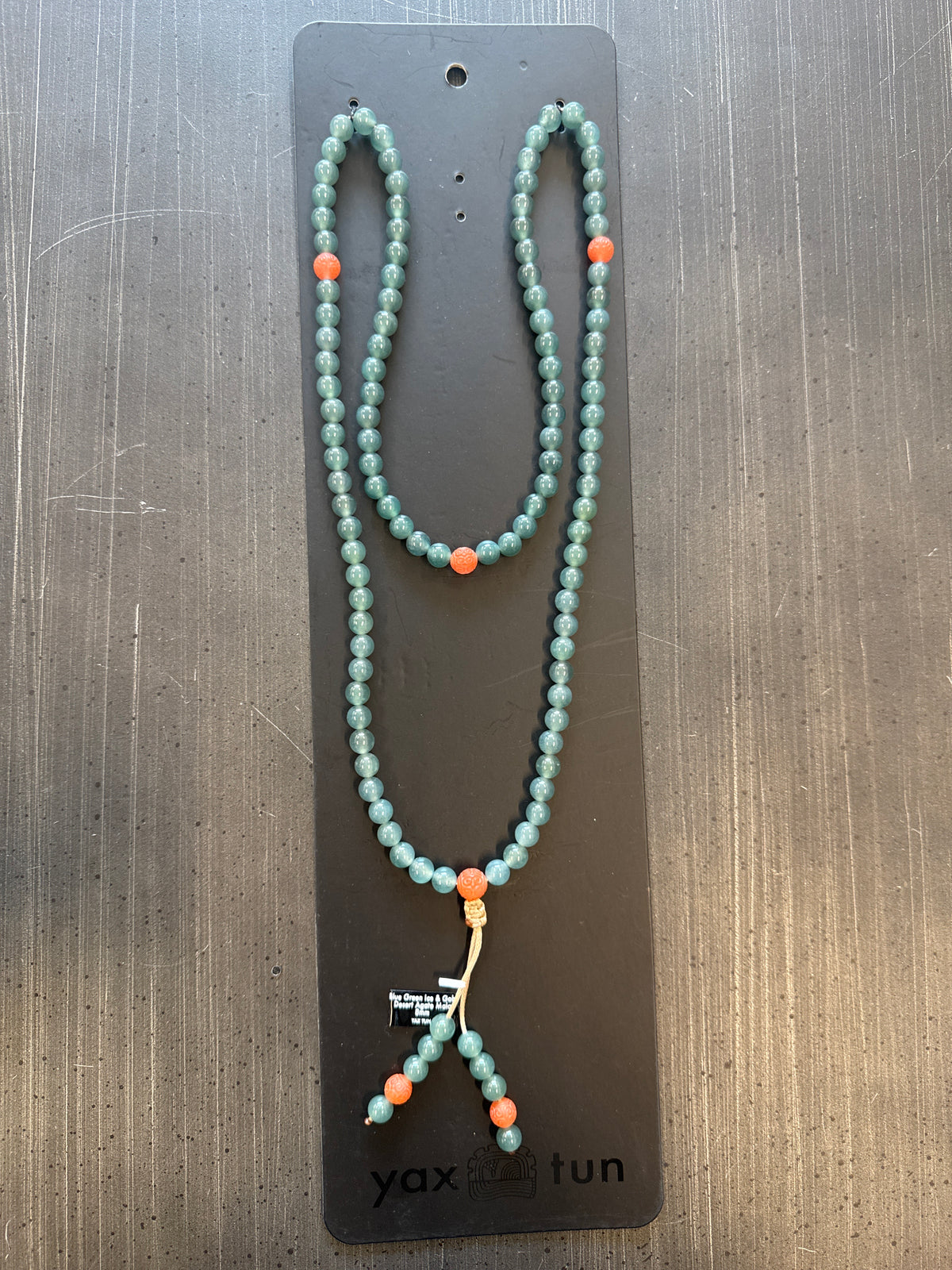 Mala Necklace — Blue Green Ice Jadeite Jade & Carved Nanhong Agate