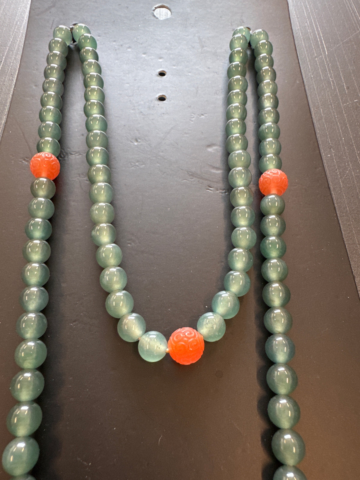 Mala Necklace — Blue Green Ice Guatemalan Jadeite Jade & Carved Nanhong Agate