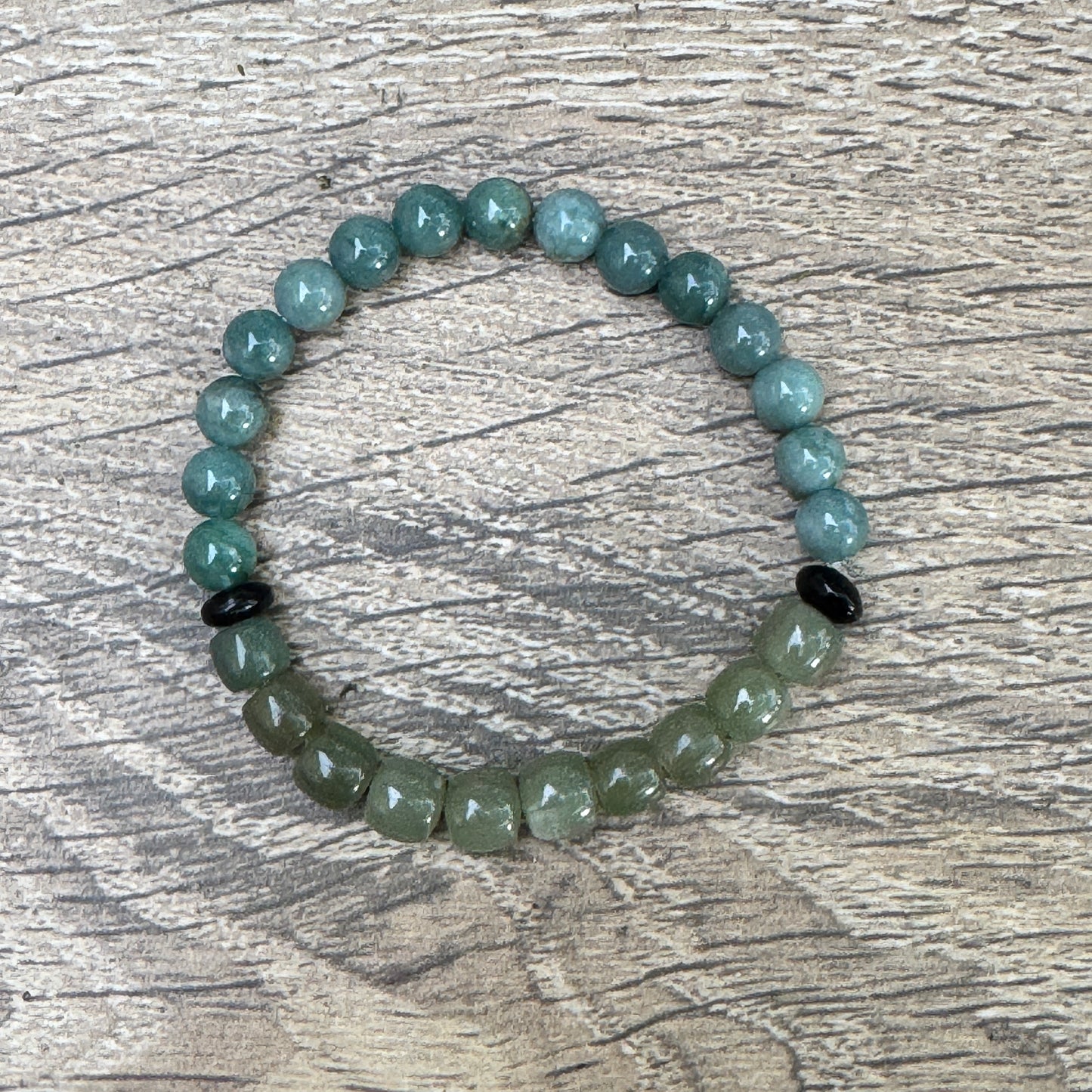 Blue Guatemalan Jade, Black Guatemalan Jade Discs & Dark Green Hetian Jade Stretch Bracelet