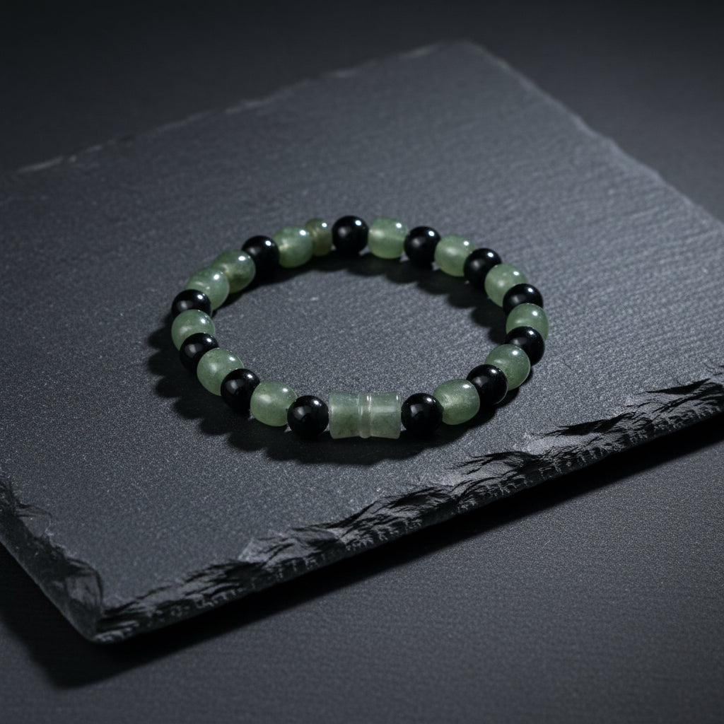 Hetian Jade, Black Guatemalan Jade & Carved Bloodstone Tube Stretch Bracelet