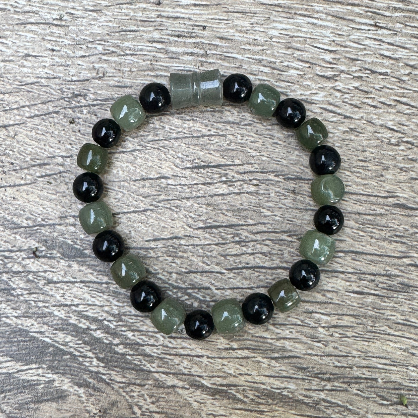 Hetian Jade, Black Guatemalan Jade & Carved Bloodstone Tube Stretch Bracelet