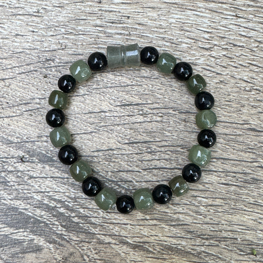 Hetian Jade, Black Guatemalan Jade & Carved Bloodstone Tube Stretch Bracelet
