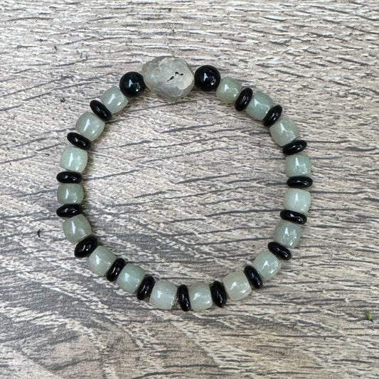 Black Guatemalan Jade Discs, Hetian Jade Rondelles & Gobi Desert Agate Stretch Bracelet
