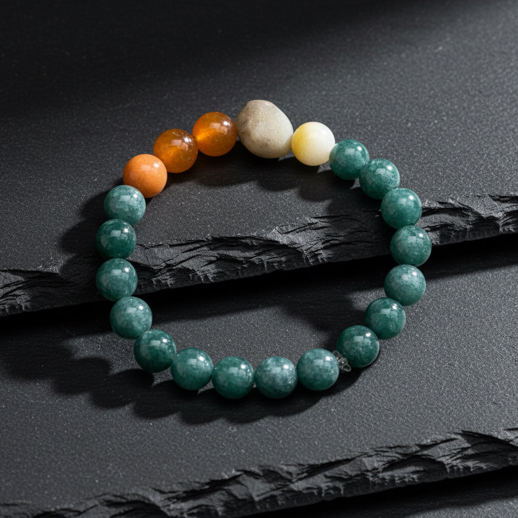 A beaded bracelet made of dark teal-green faceted beads, accented with four larger orange and white agate-like beads, displayed on a gray wood-grain surface.