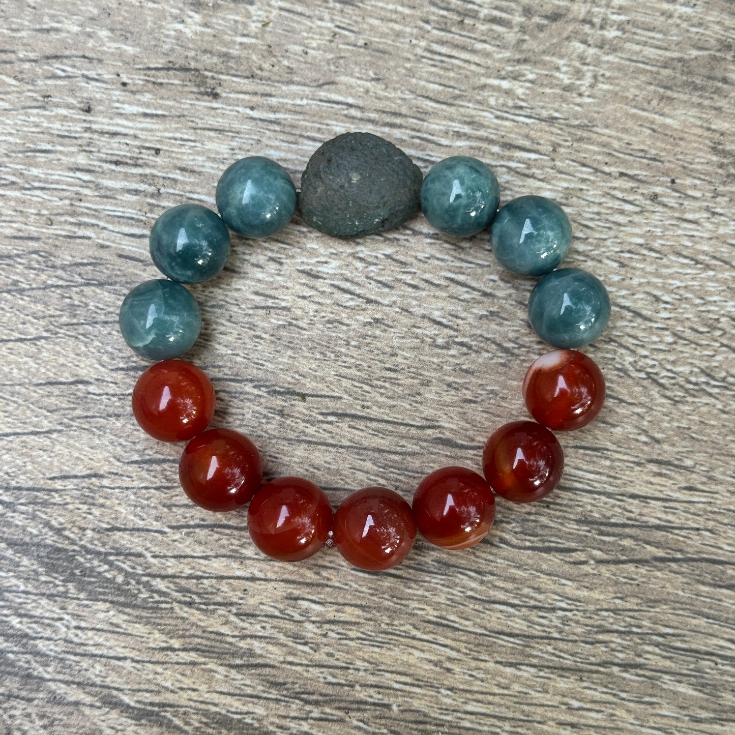 Carnelian, Blue Jade & Dark Green Gobi Agate Large Bead Stretch Bracelet