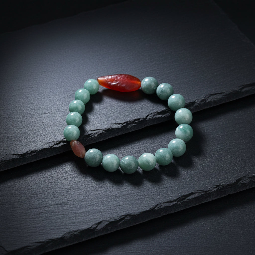 A beaded stretch bracelet made of light blue-green round beads with two reddish-brown accent stones, displayed on a weathered wood surface.