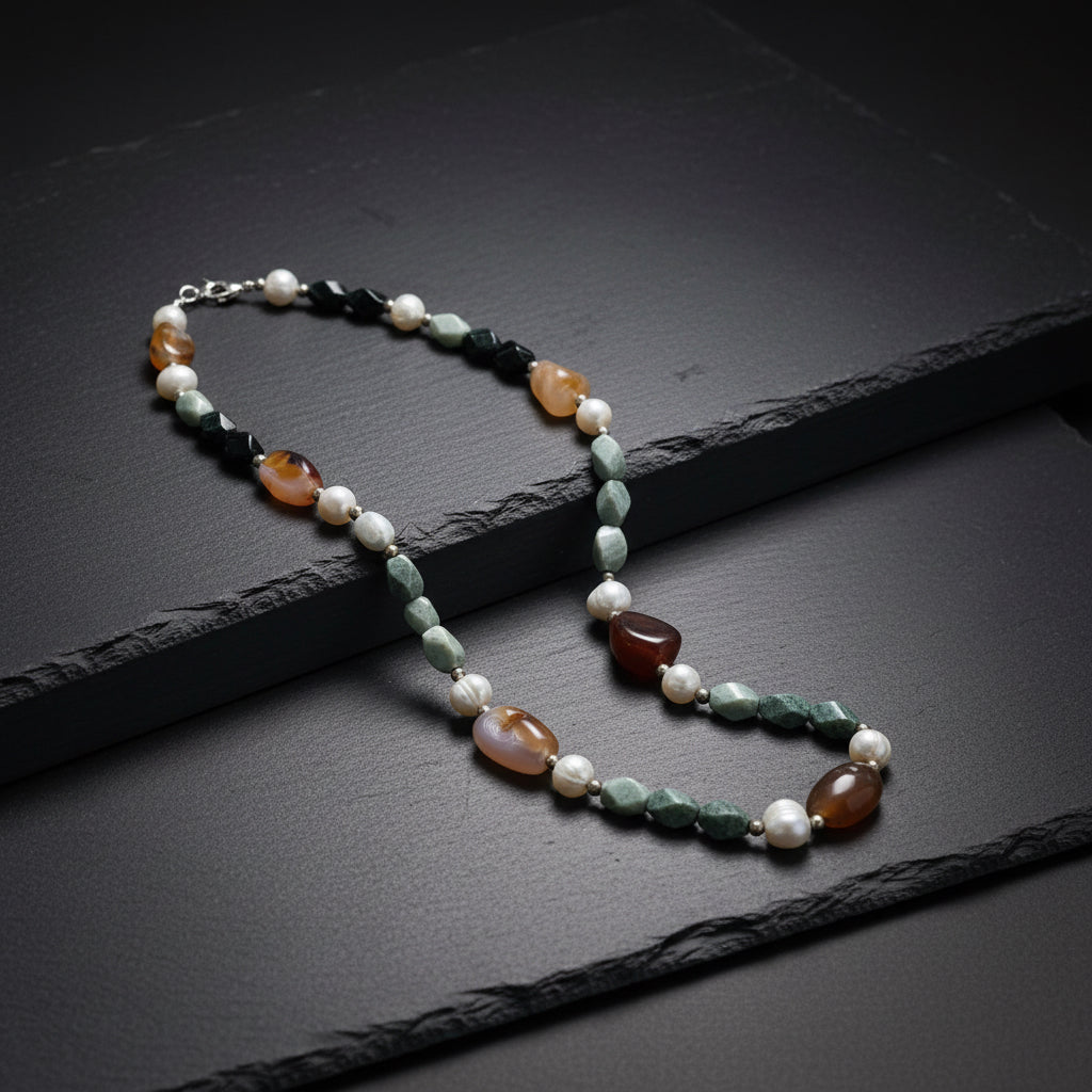 Three-Jade Guatemalan Jadeite, Carnelian & Freshwater Pearl Necklace in Silver
