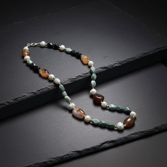 Three-Jade Guatemalan Jadeite, Carnelian & Freshwater Pearl Necklace in Silver