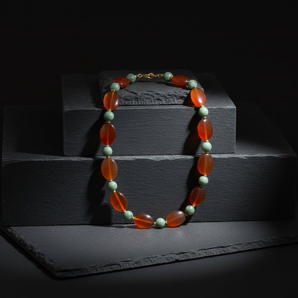 Manzano Guatemalan Jade & Carnelian Beaded Necklace in Gold Vermeil