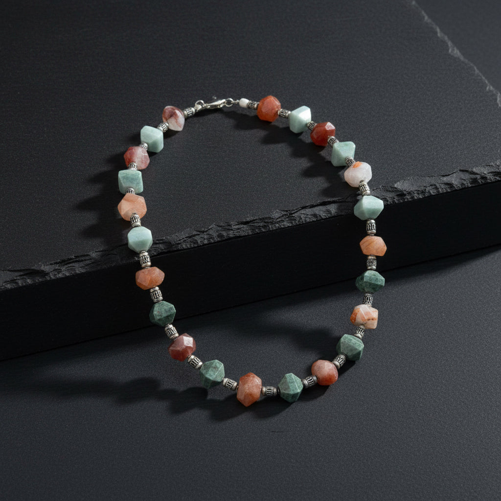Manzano & Traditional Guatemalan Jade & Carnelian Faceted Necklace in Silver