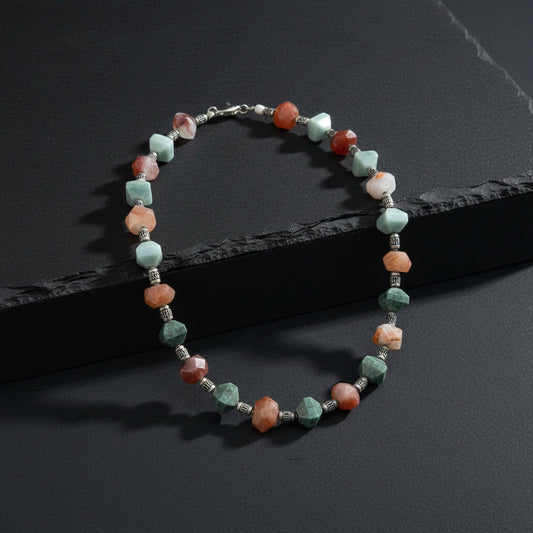 Manzano & Traditional Guatemalan Jade & Carnelian Faceted Necklace in Silver