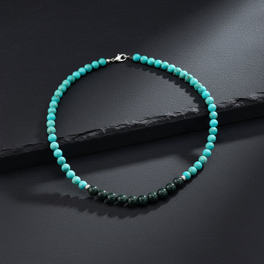 Campitos Turquoise & Green Jaguar Guatemalan Jade Beaded Necklace in Silver