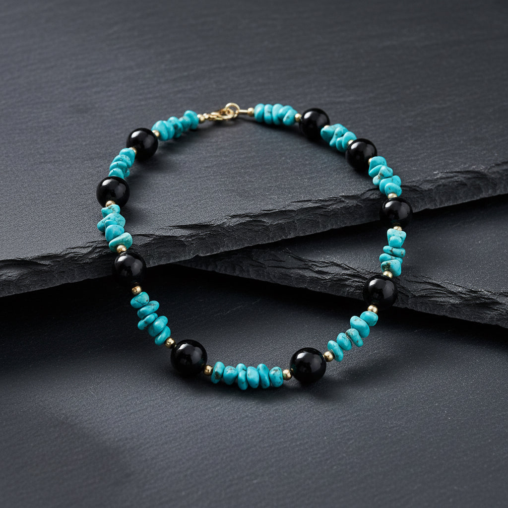 Black Guatemalan Jade & Campitos Turquoise Necklace in Gold Vermeil