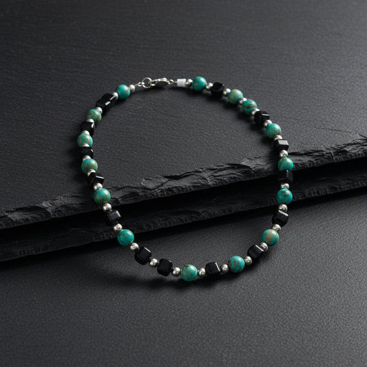 Black Guatemalan Jade & Campitos Turquoise Necklace in Silver