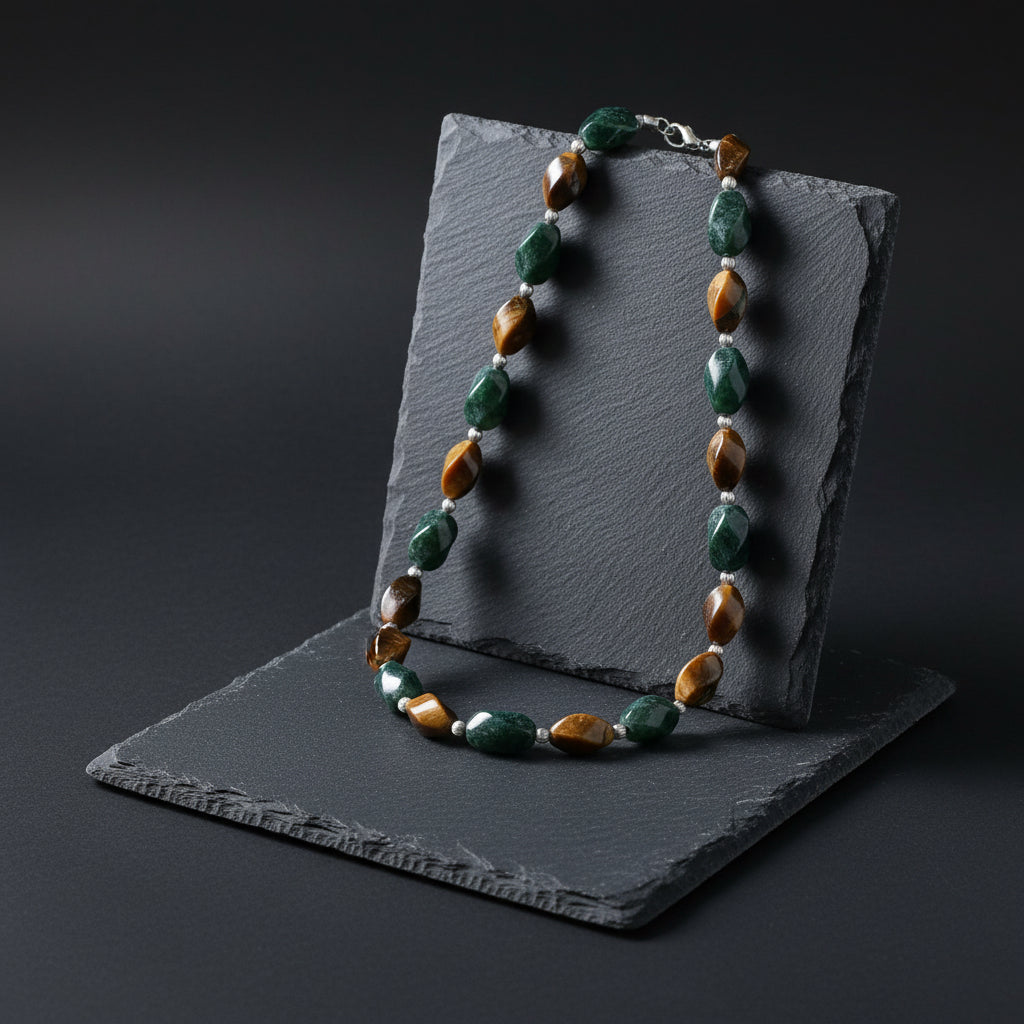 Jaguar Guatemalan Jade & Tiger's Eye Necklace & Earring Set in Silver